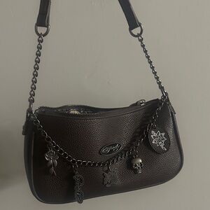 Ed Hardy Dark Brown Shoulder Bag with Chain Accents